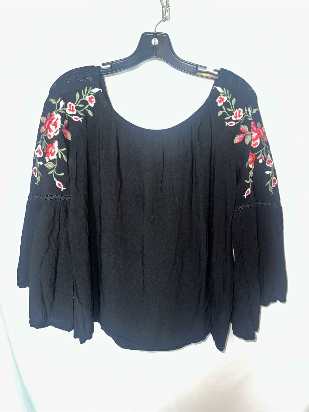 Umgee Black Peasant Blouse with Red Floral Embroidery